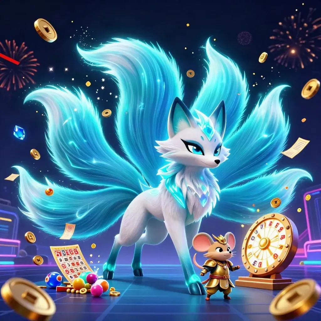 Nine-tailed fox spirit and armored mouse burst through azure casino treasure and neon light.