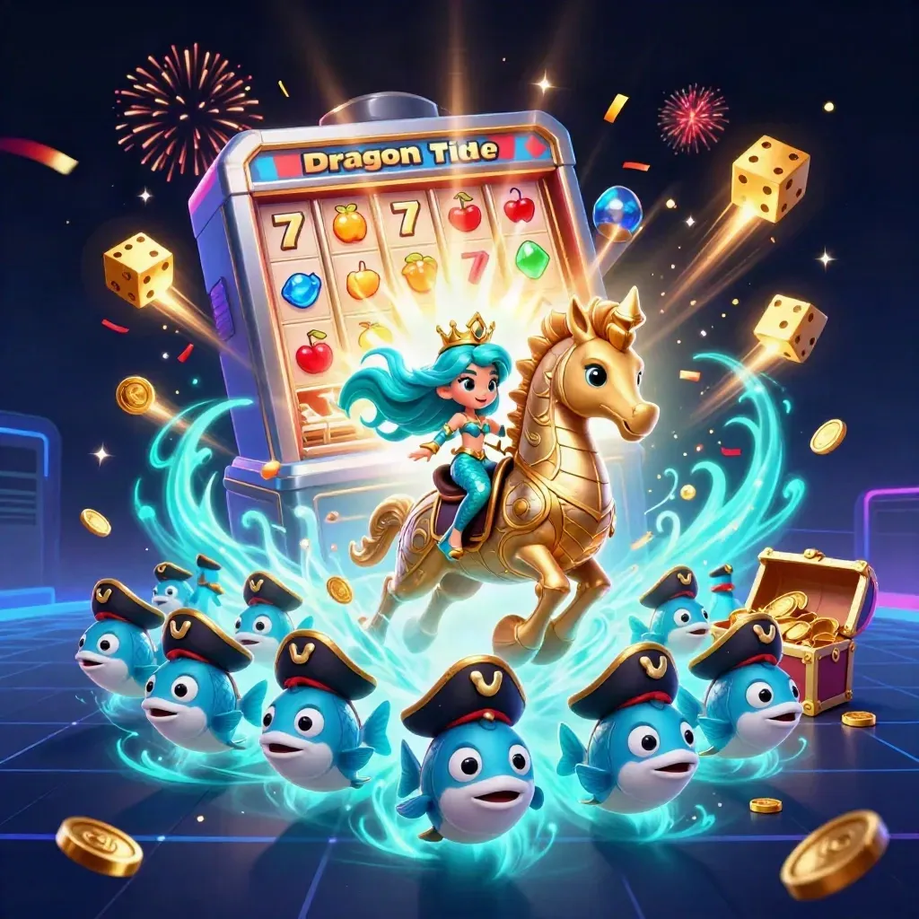 Mermaid princess rides an armored seahorse amid jackpots, gold, fish, and neon esports energy.