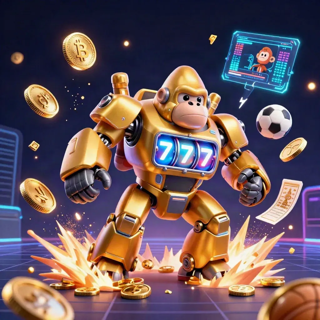 Golden gorilla slot mech with monkey pilot, vault burst, coins, fireworks, and neon casino energy
