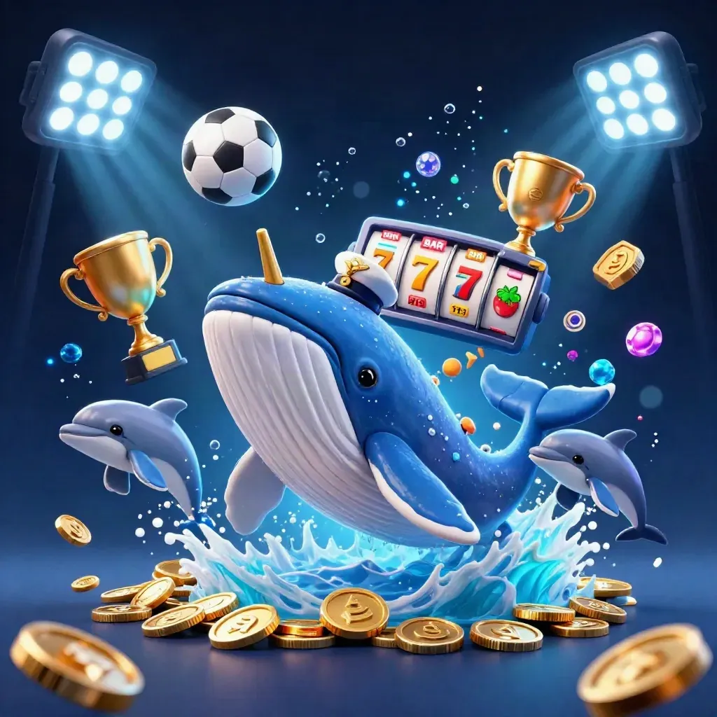 Whale captain, narwhal, and dolphins burst through coins amid neon casino splash art.
