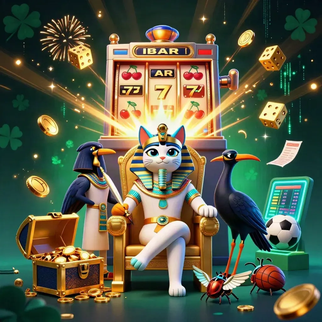 Pharaoh cat, ibis scribe, and gem-winged scarabs amid jackpot gold and neon casino bursts.