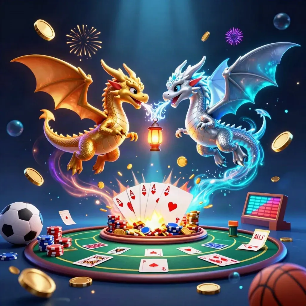 Gold and silver dragons swirl above casino chips, cards, coins, and a glowing vault burst.