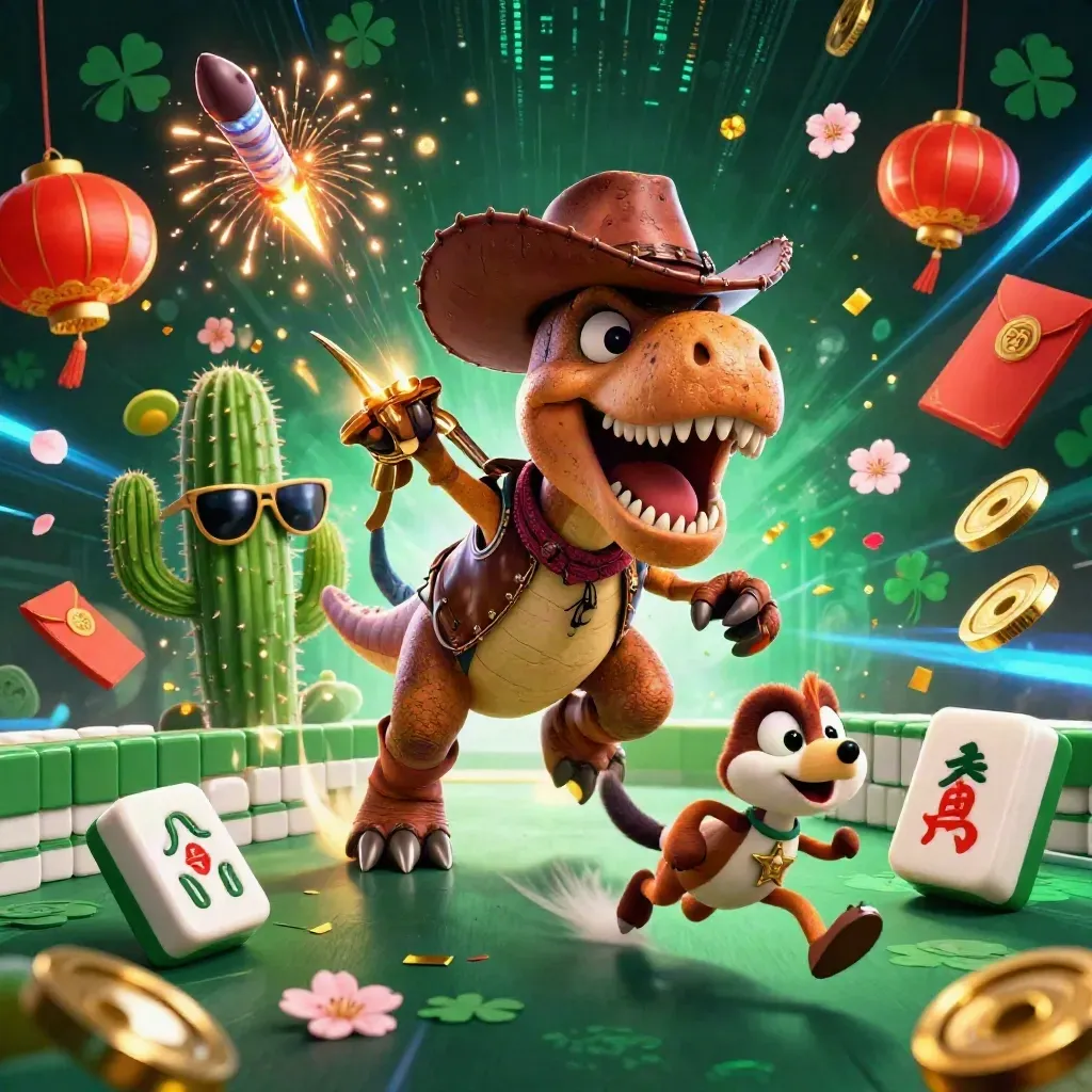 Cowboy T-Rex, cactus sidekick, and sheriff roadrunner explode through neon casino treasure