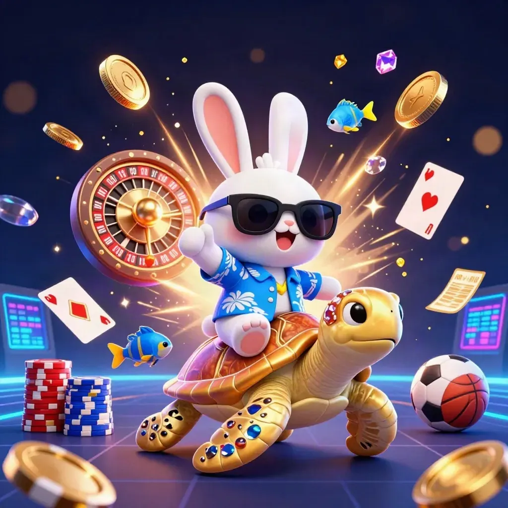 Lucky rabbit on a gold turtle amid coins, gems, roulette wheel, chips, cards, and sports icons.