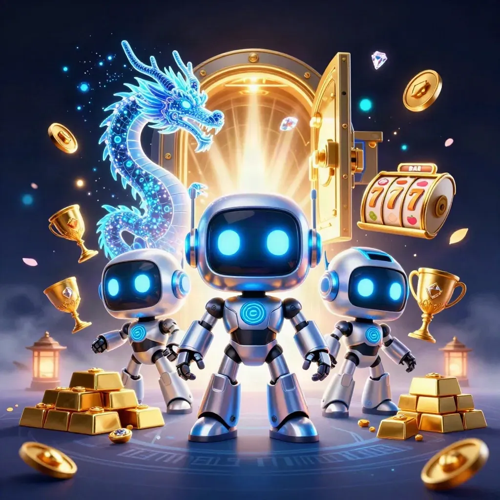 Cyberpunk robot, holographic dragon and coin drone amid treasure, gems and neon-blue casino effects.