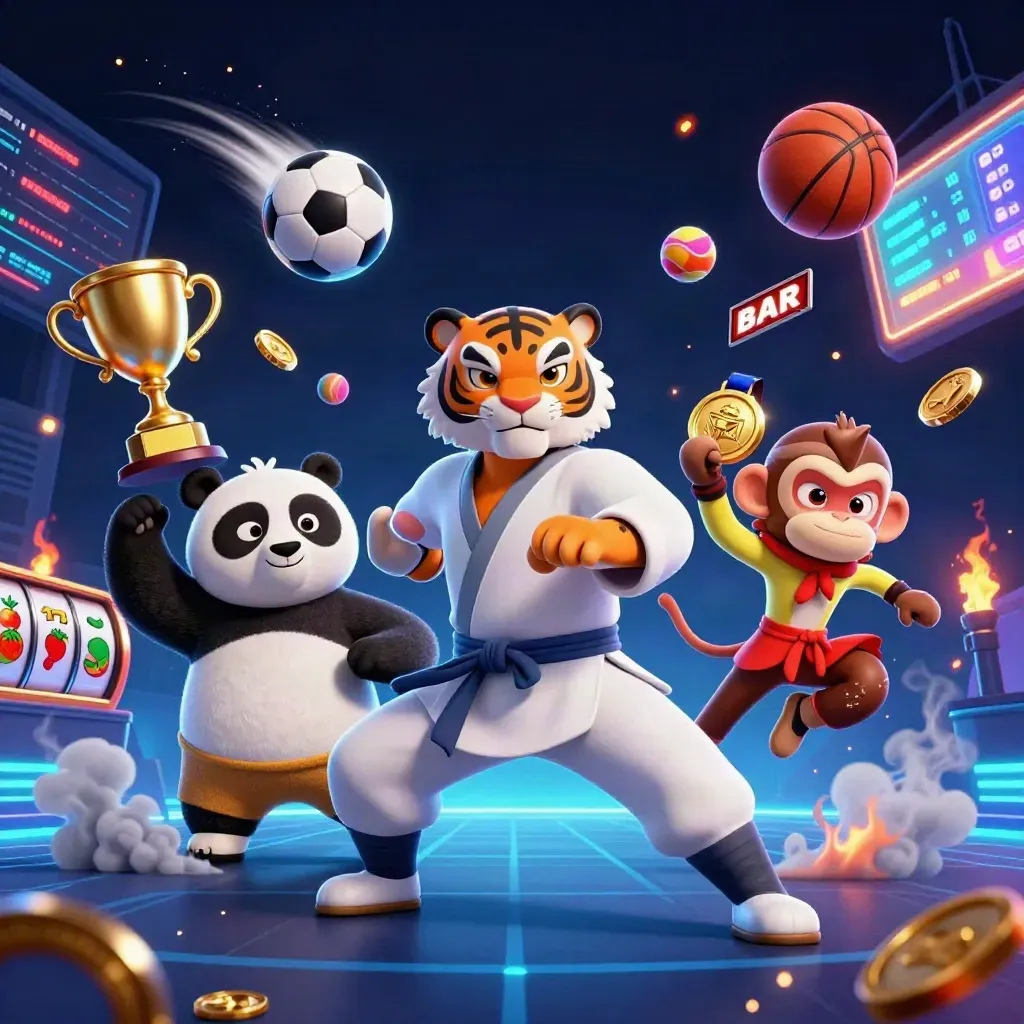 Neon casino action with tiger, panda, monkey, balls, trophy, coins, and slot reels.