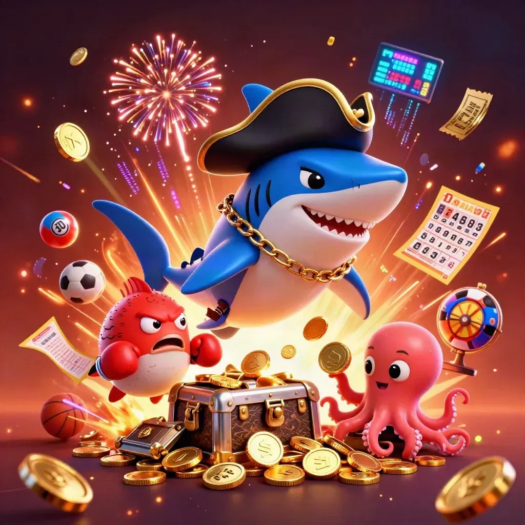 Pirate shark, boxing pufferfish, and coin-juggling octopus amid casino treasure and neon bursts.
