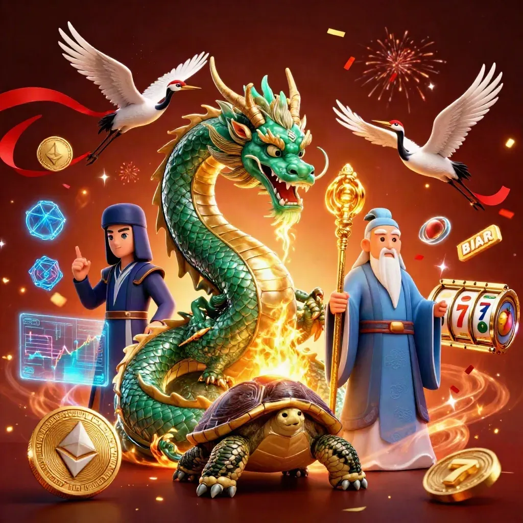 Jade dragon, turtle sage, and cranes in a fiery casino splash scene with coins and neon effects