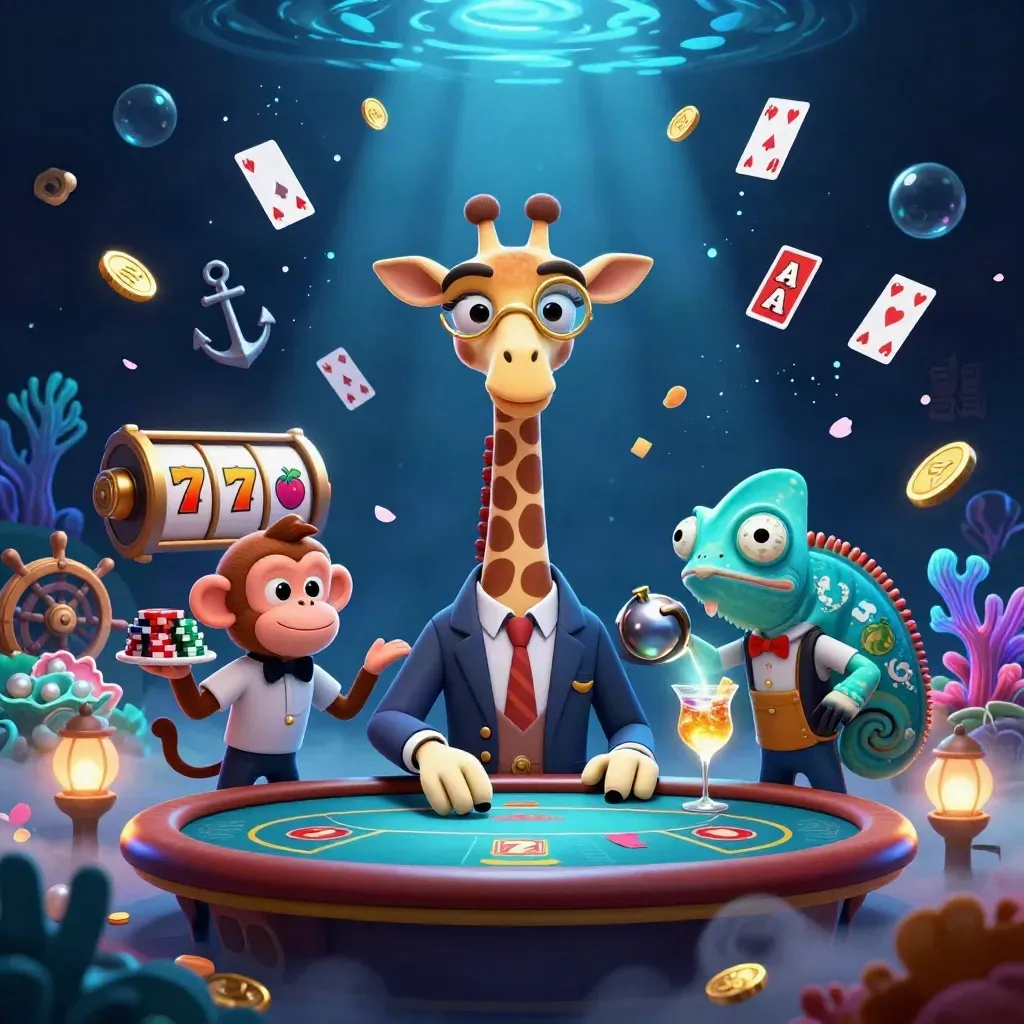 Giraffe high-roller, monkey valet, and chameleon bartender amid treasure cove casino effects