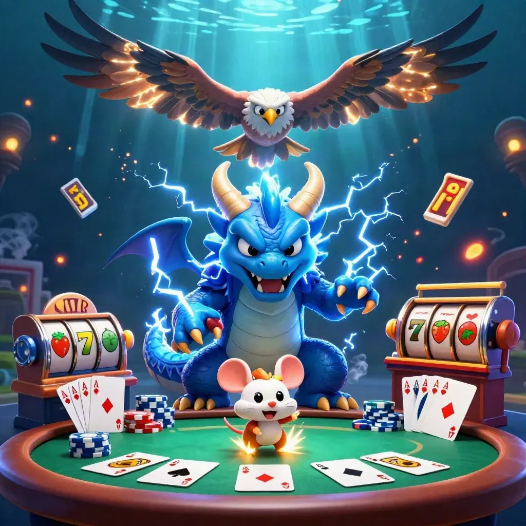 Thunder dragon, hawk, and static mouse over casino cards in neon blue underwater light.