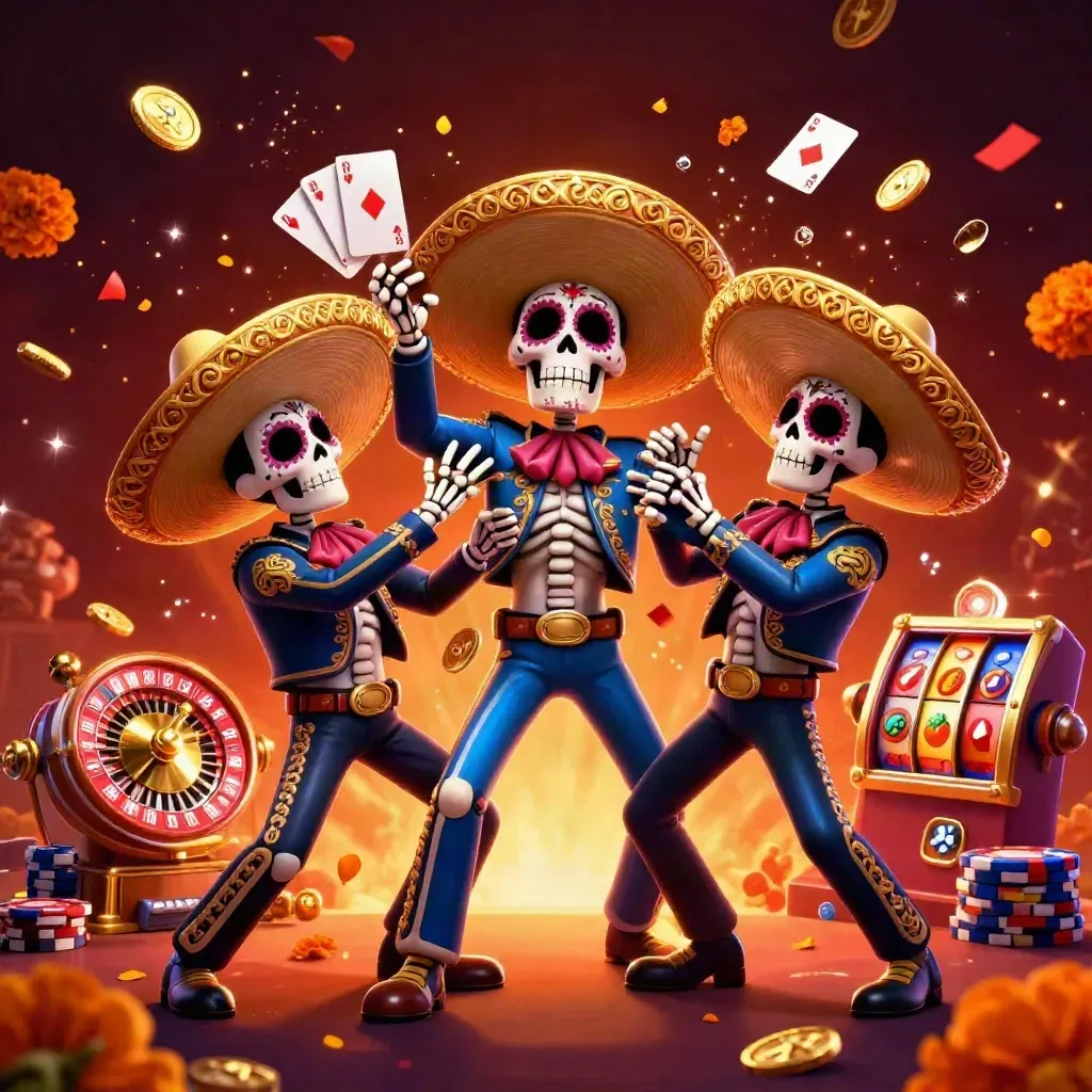 Skeleton mariachi trio in casino chaos with coins, chips, roulette, cards, and fiery neon glow
