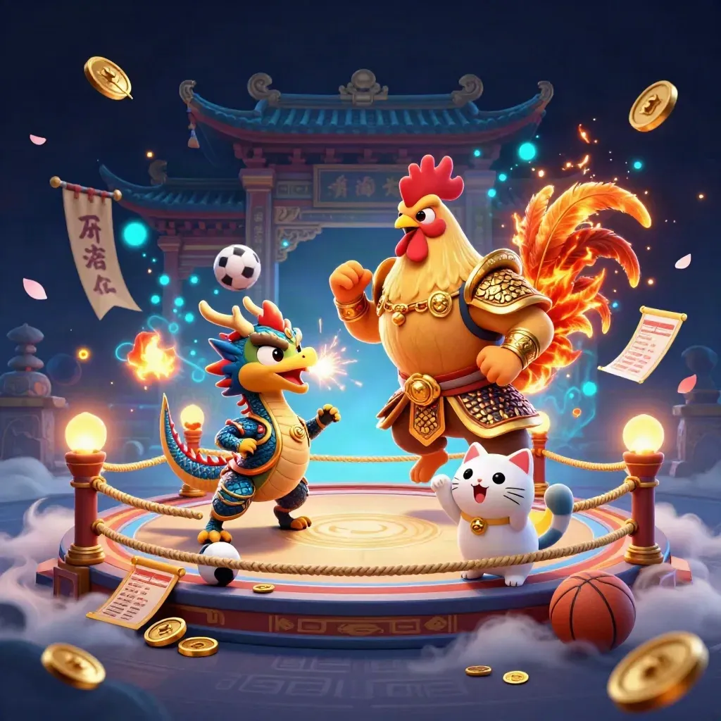 Rooster samurai, spark-breathing hatchling, and lucky cat amid casino gold and neon blue