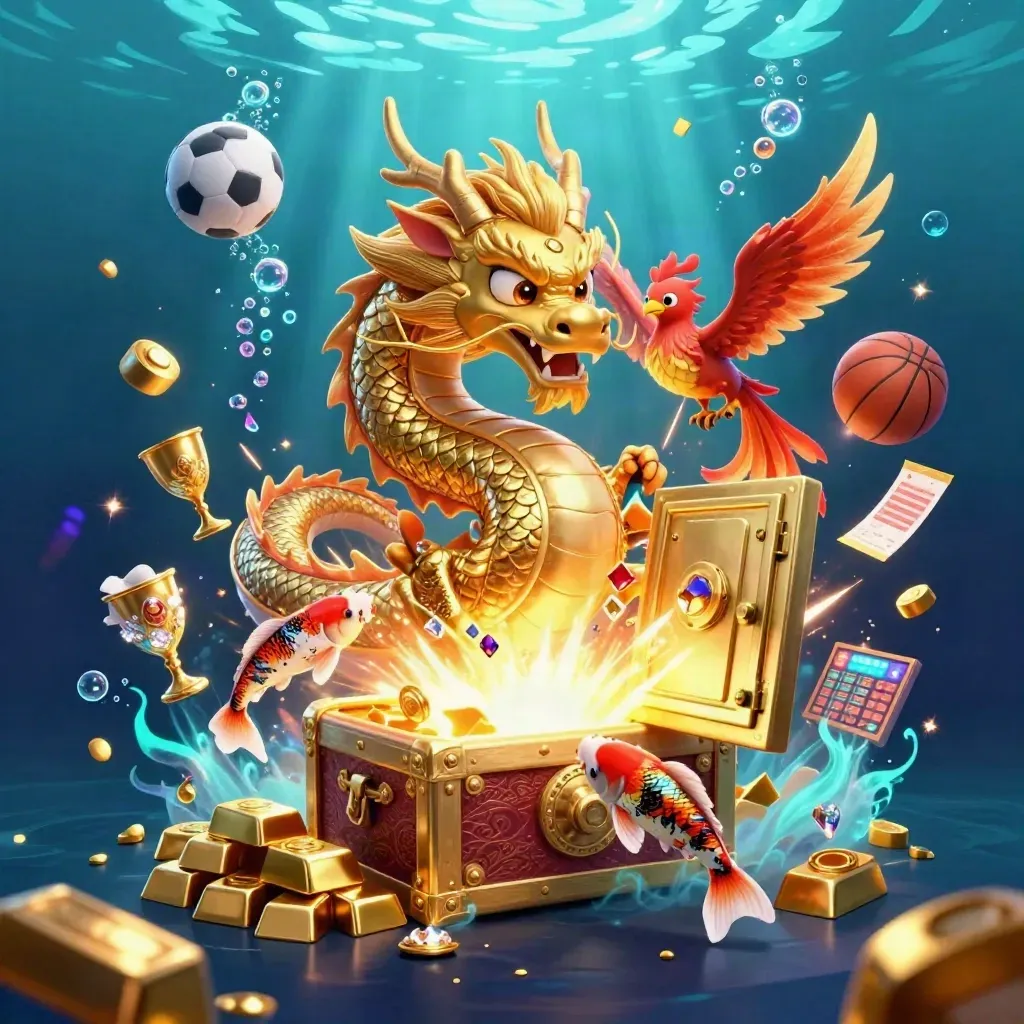 Golden dragon with phoenix, koi, vault, coins, gems, and neon underwater casino glow.