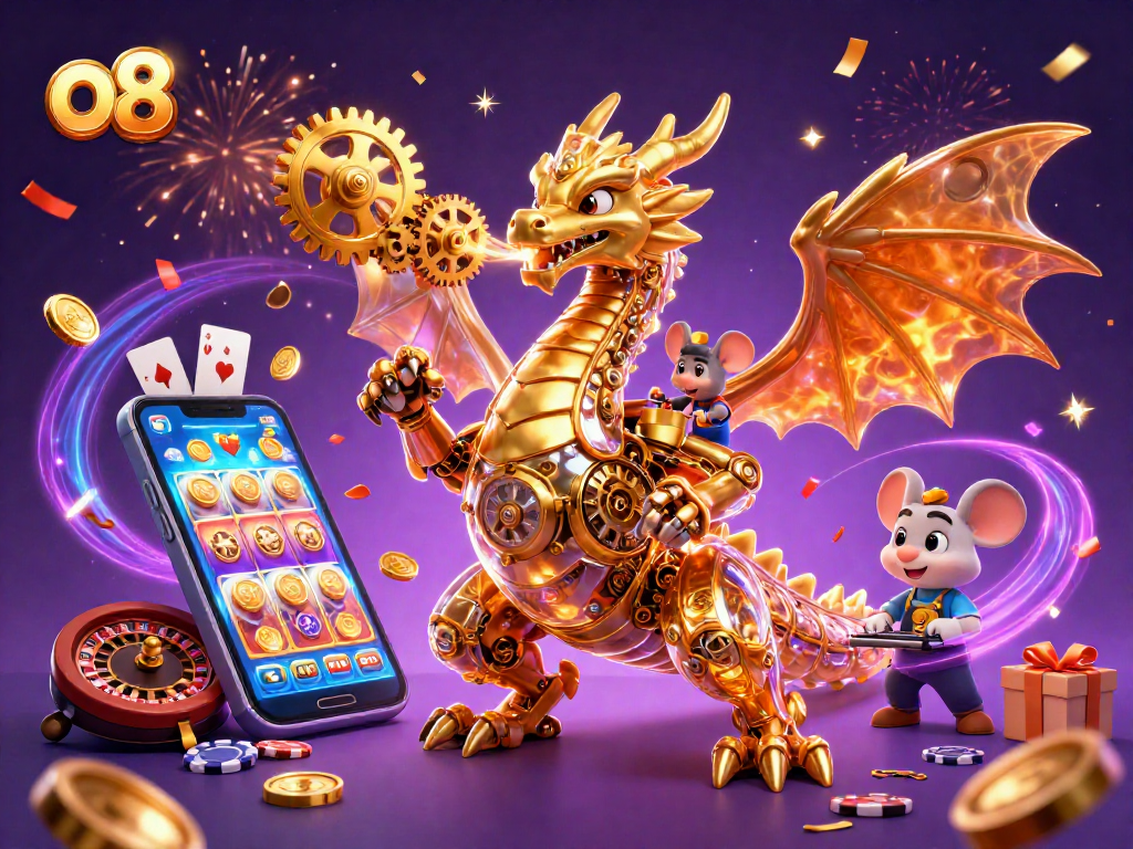 Experience thrilling action with o8 as a magical dragon unleashes golden gears and cogs in a casino adventure.