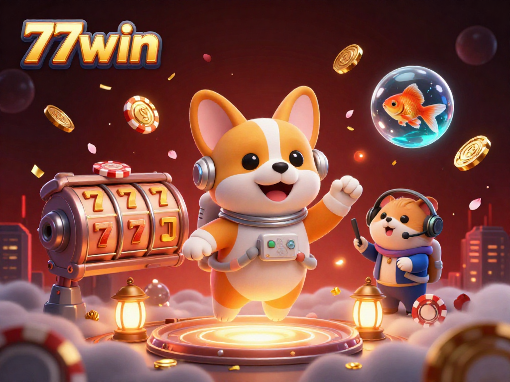 Experience the vibrant 77win casino scene with 3D characters, floating slot reels, and golden elements.