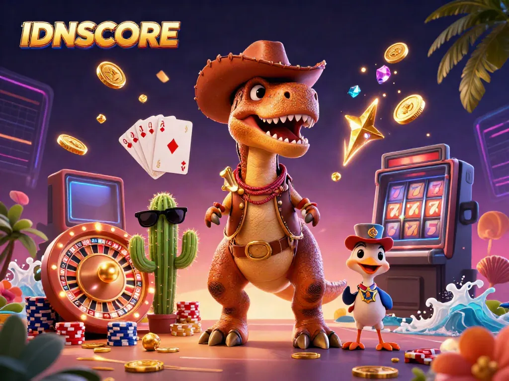Join the excitement with IDNSCORE, featuring vibrant T-Rex and casino elements in an energetic scene.