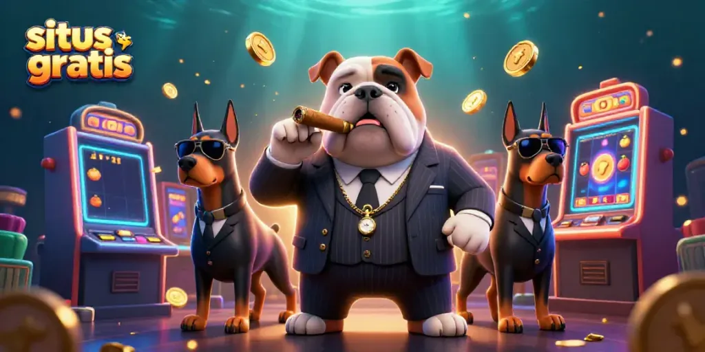 Situs slot gratis illustration with a mafia bulldog and Doberman bodyguards near colorful slot machines.