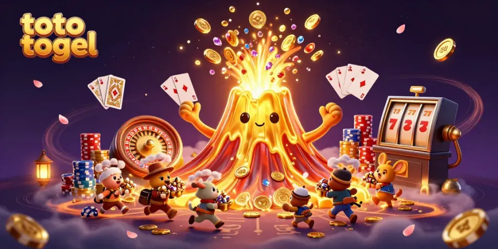 Win amazing rewards with toto togel in an ultra-detailed scene of a treasure-filled eruption, celebrating the thrill of gambling.