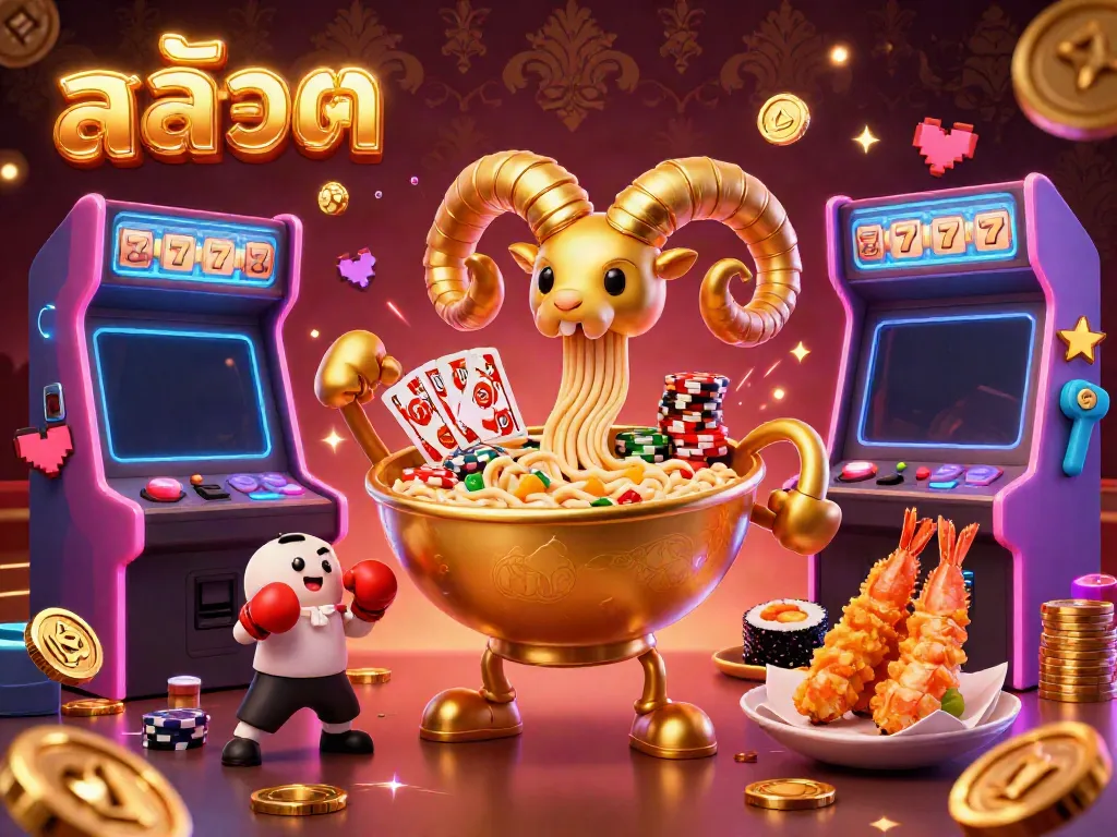 Engage in exciting สล็อต action with a giant ramen bowl dealer surrounded by colorful gambling elements.