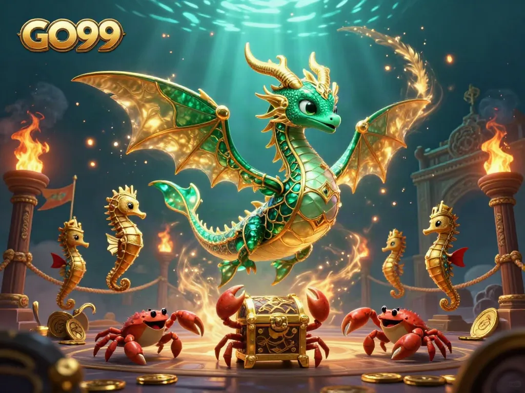 Experience the magic of GO99 in this vibrant underwater casino scene featuring a sea dragon.