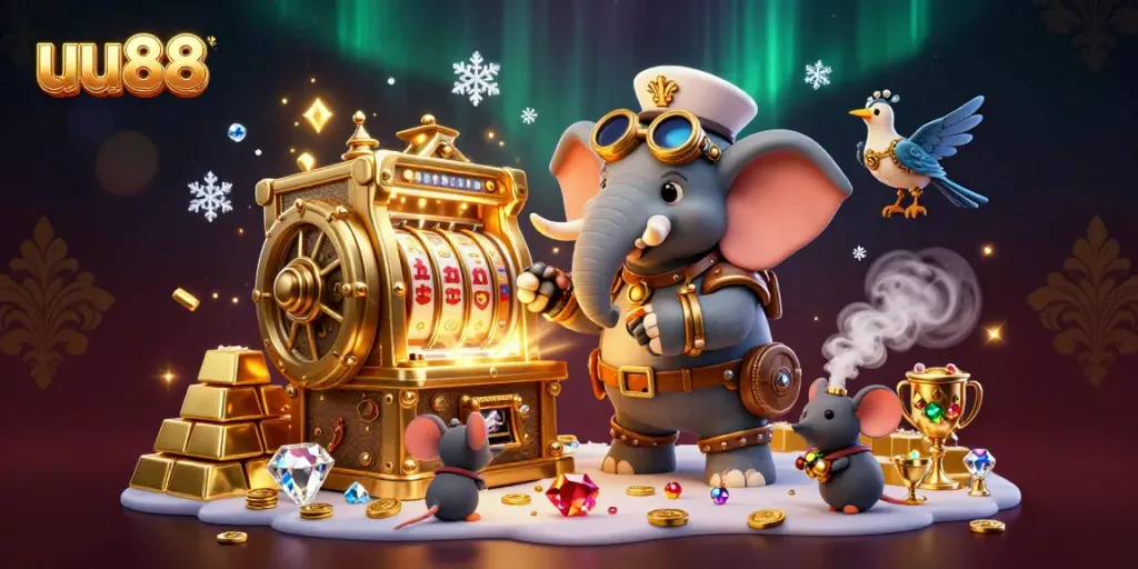 Experience the excitement of uu88 with a vibrant 3D illustration of a steampunk elephant and slot machines bursting with treasures.