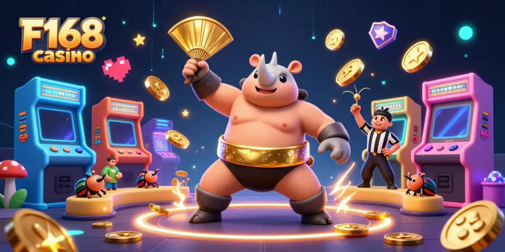 Experience fast-paced excitement at F168 casino with animated characters celebrating wins amidst engaging game elements.