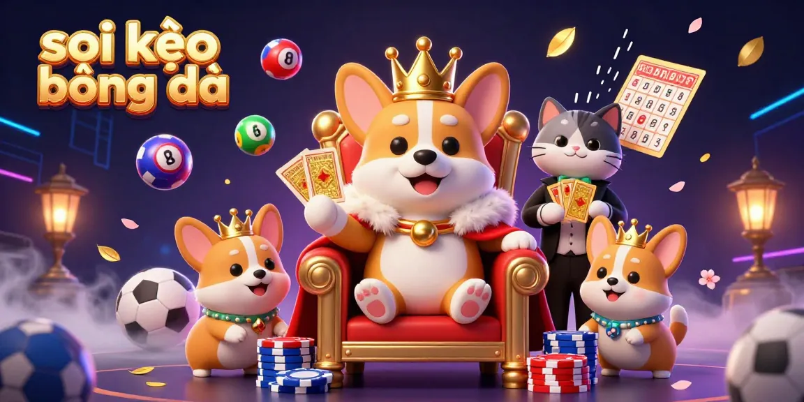 Engage in thrilling soi kèo bóng đá adventures with a royal corgi character amidst exciting gaming elements.