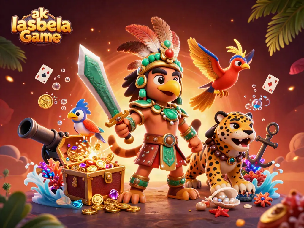 Engage in the ak lasbela Game with a dynamic illustration featuring a warrior eagle, jaguar, and treasure elements.
