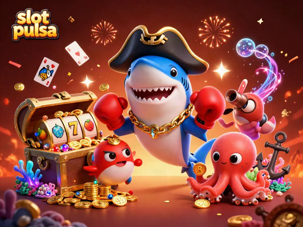 Experience thrilling wins and excitement with slot pulsa in this vibrant 3D casino scene.