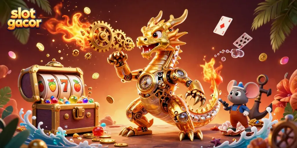 Engage with stunning slot gacor action featuring a golden dragon and vibrant winning symbols.