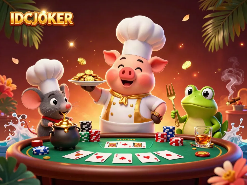 Experience the excitement of IDCJOKER as a chef pig serves gold coins amidst vibrant casino elements.