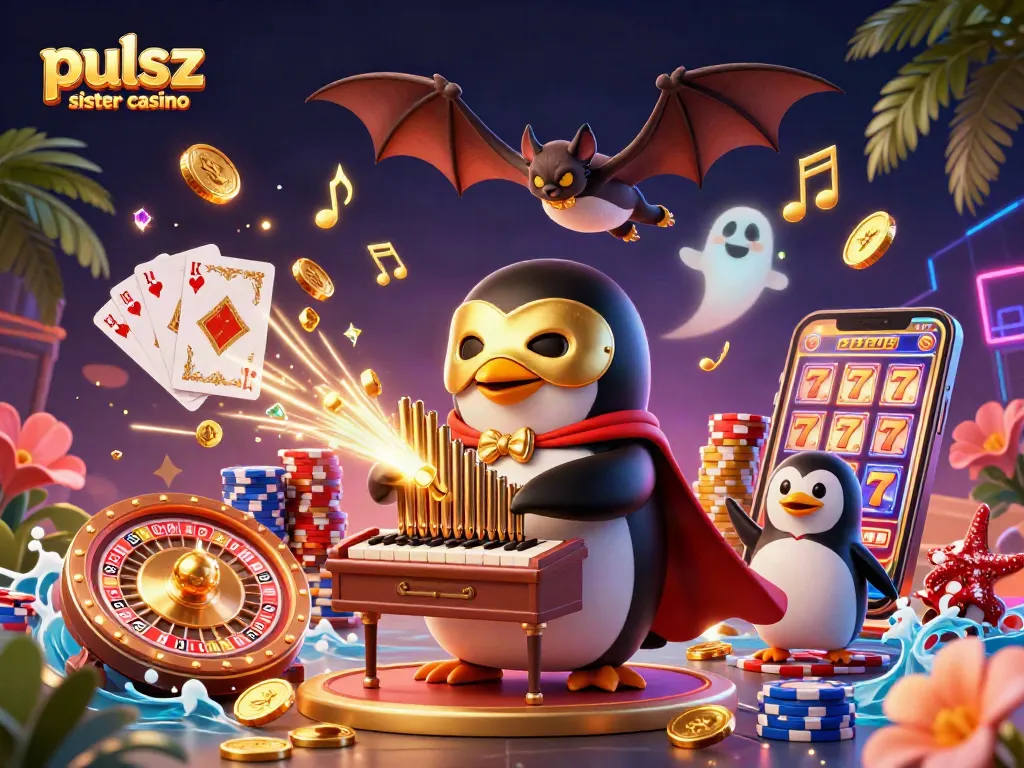 Pulsz sister casino illustration showcasing a penguin playing an organ with golden coins and bats, emphasizing casino energy.