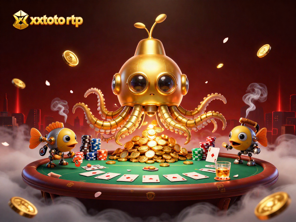 Menang dengan xxtoto rtp: ilustrasi 3D kru ikan mekanik dan kraken beruang di lautan koin.