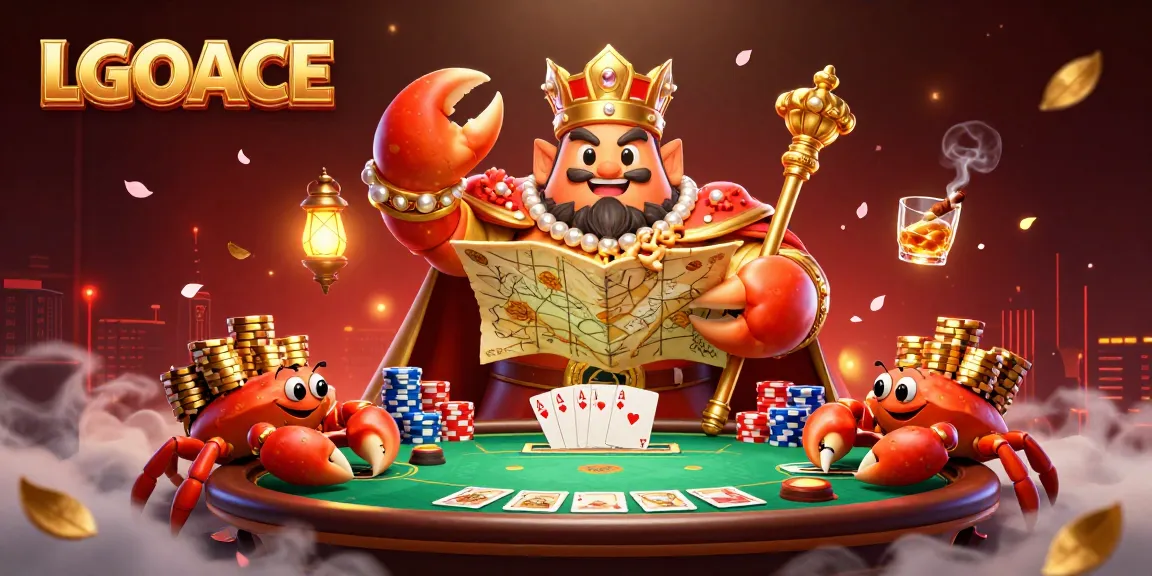 LGOACE brand showcases a golden crab emperor in a vibrant poker scene, engaging gamblers.