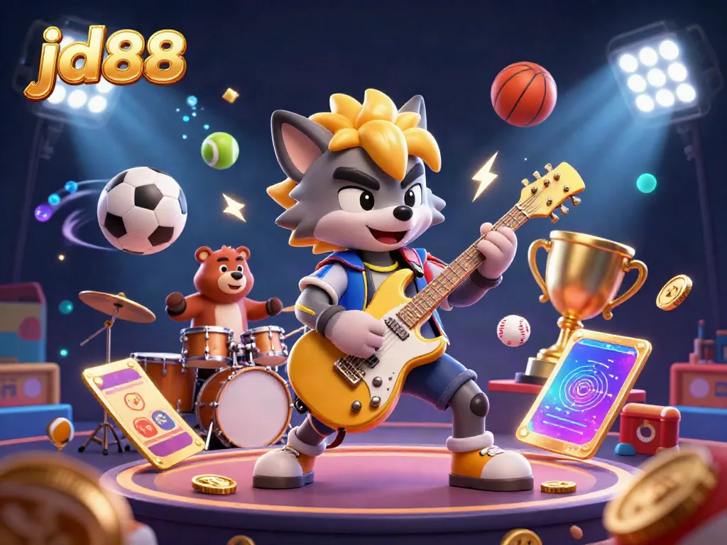 Experience gaming excitement at jd88 with a vibrant 3D casino stage showcasing games, sports, and energy.