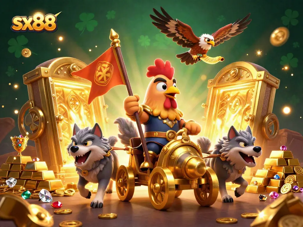 Engage in thrilling action with sx88 in this vibrant, high-energy casino scene featuring golden treasures.