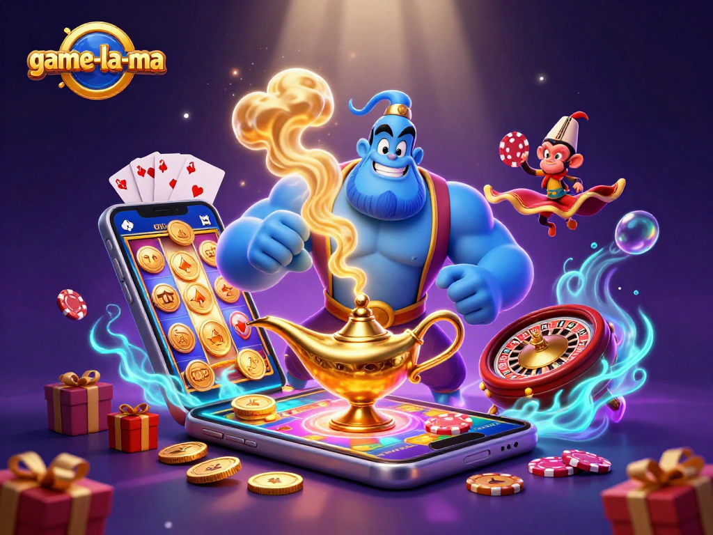 Experience thrilling gaming at game-la-ma with a powerful genie, poker chips, and exciting slot elements