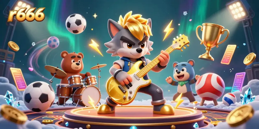 Experience thrilling r666 action with a vibrant illustration showcasing a rock star wolf and drummer bear on a casino stage.