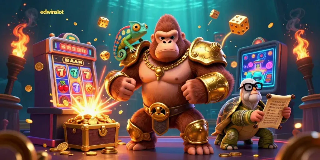 Engage in thrilling gameplay with edwinslot featuring dynamic scenes of a golden gorilla king and colorful casino elements.