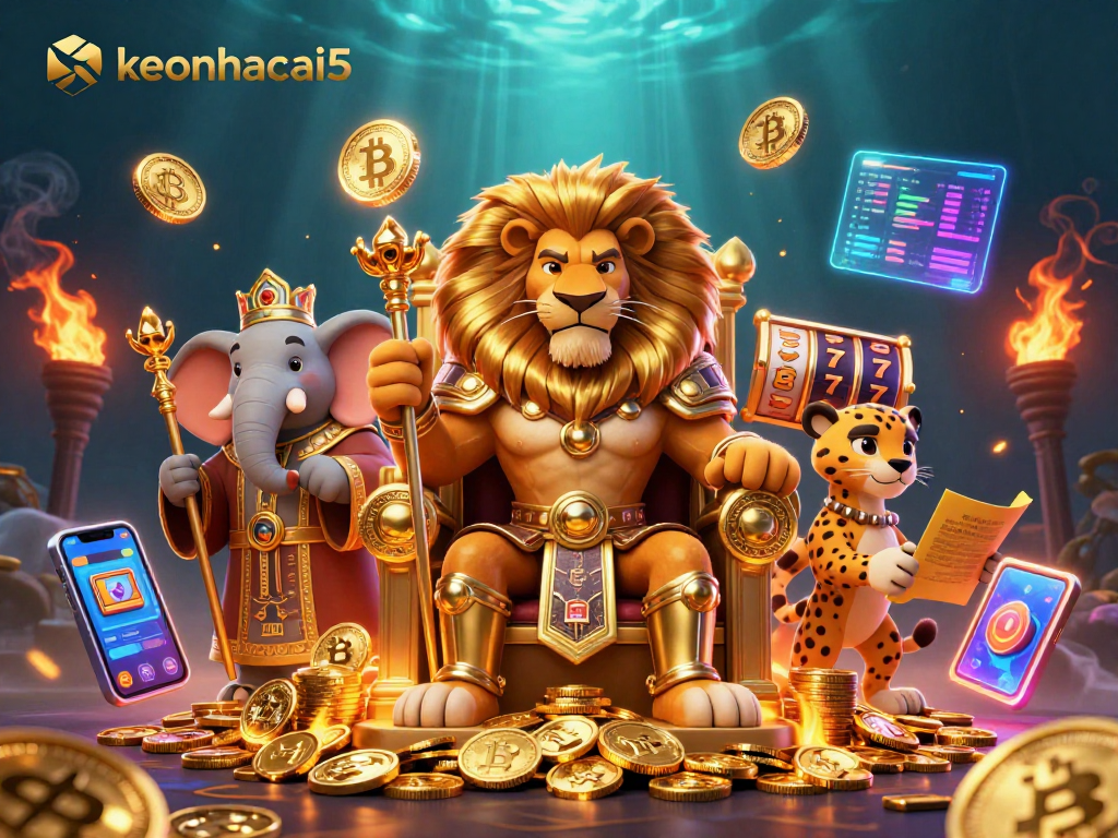 Engage with keonhacai5's vibrant 3D casino scene featuring a lion king and crypto elements.
