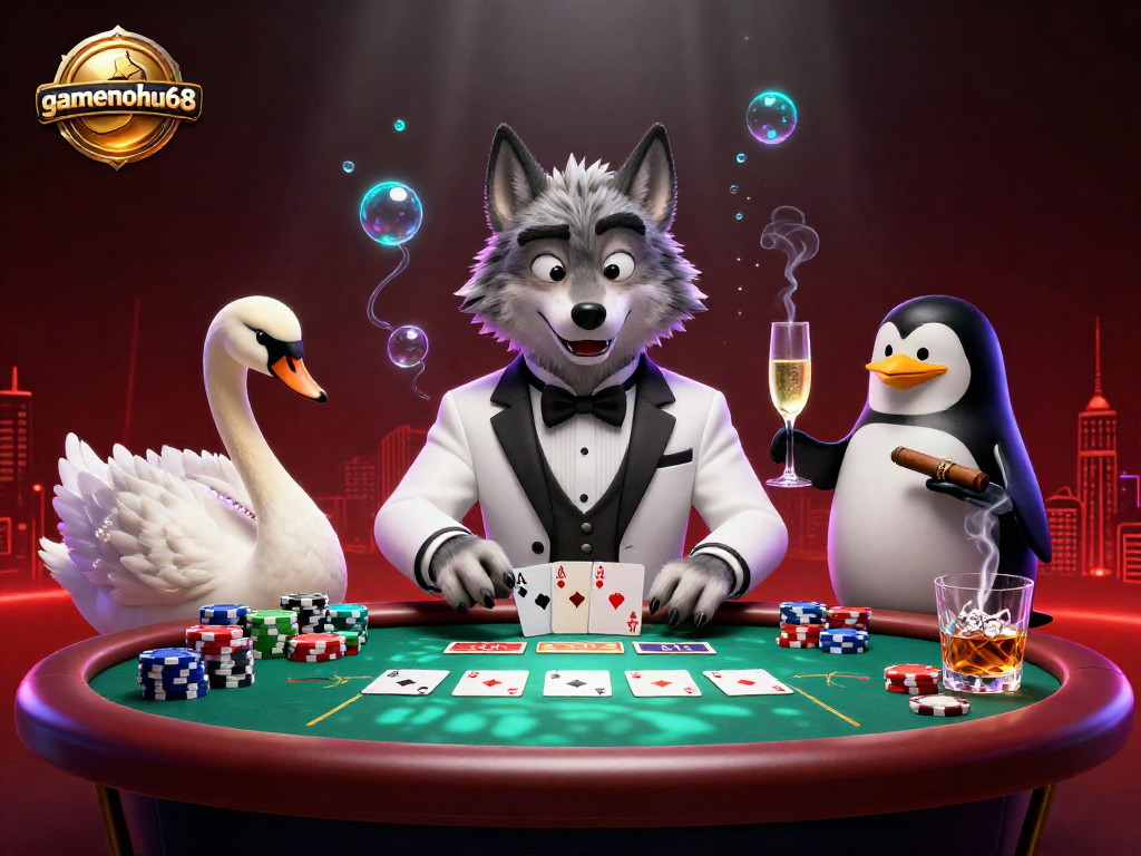 Experience the excitement of gamenohu68 with a debonair wolf, elegant swan, and penguin in a vibrant 3D casino scene.