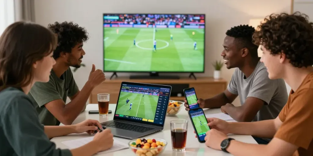 Group of friends enjoying a sports betting session on WWBOLA with laptops and snacks.