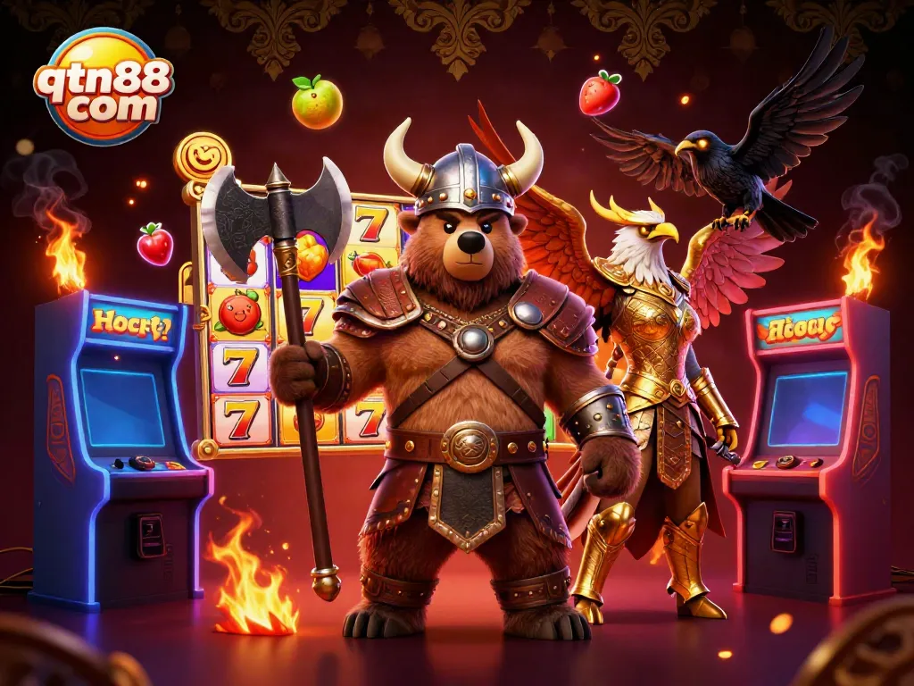 Engage with thrilling slots and vibrant arcade elements at qtn88 com in this 3D illustration.