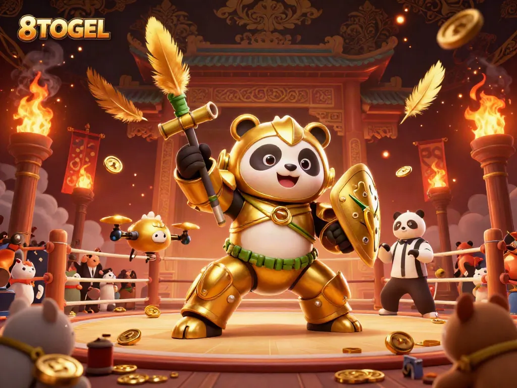 Engage in thrilling action with 8TOGEL as a mech-suit panda pilots in a dynamic fighting arena.