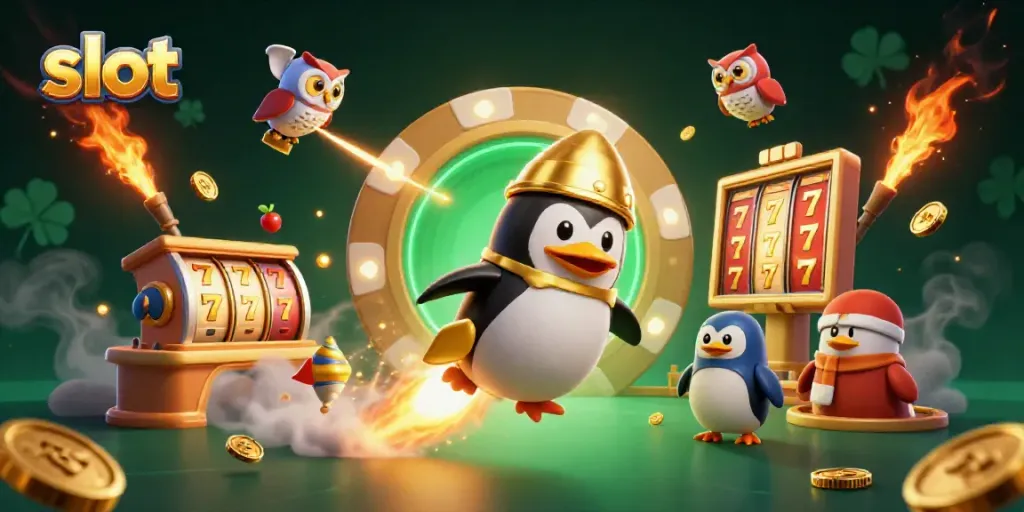 Win big with slots! A golden penguin and casino space station create excitement.