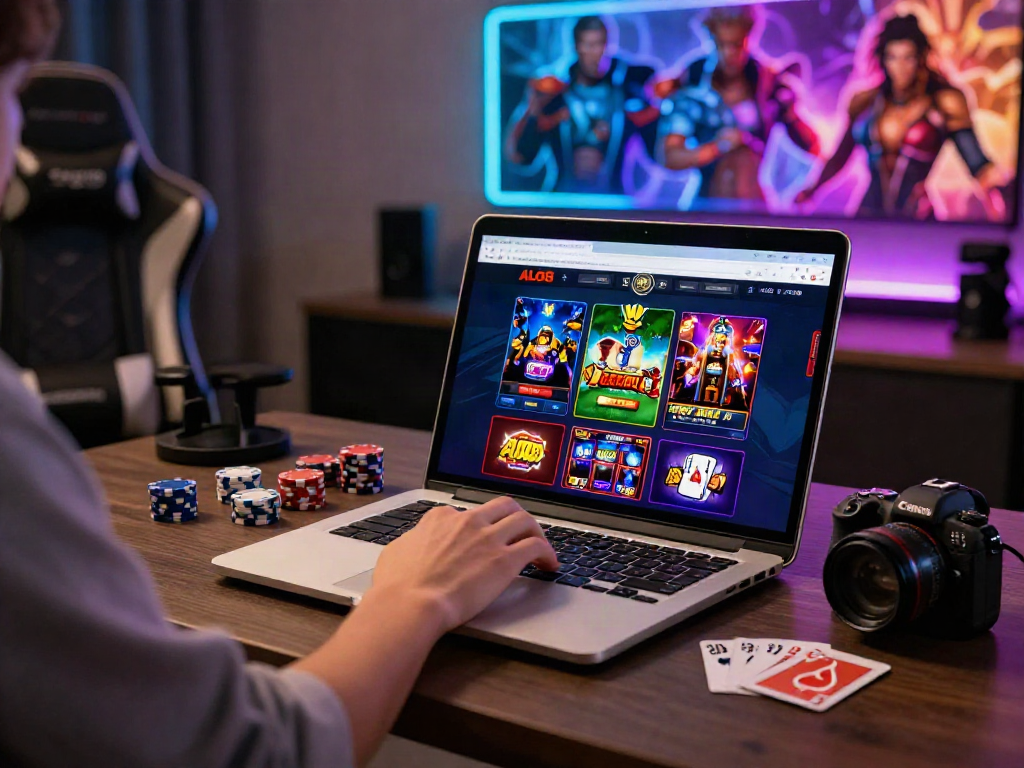Interactive ALO8 online gaming platform on a laptop in a cozy setting showcasing diverse casino options.