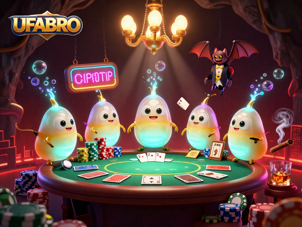 Experience the thrill of UFABRO casino as glowworms illuminate a vibrant cave setting with poker action.