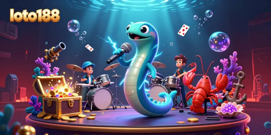 Experience the vibrant underwater casino with loto188's electric eel DJ performance, surrounded by treasures.