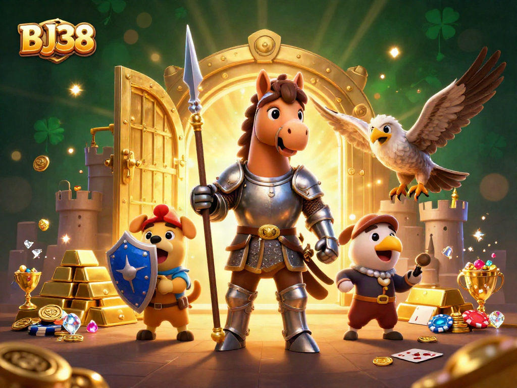 Engage with the excitement of BJ38, a dynamic scene featuring a knight, squire, and falcon amidst casino treasures.