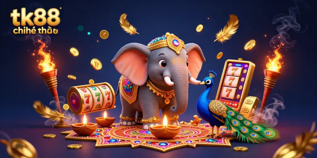 Experience tk88 chính thức with a vibrant 3D casino theme featuring a colorful elephant and peacock amidst dynamic gaming elements.
